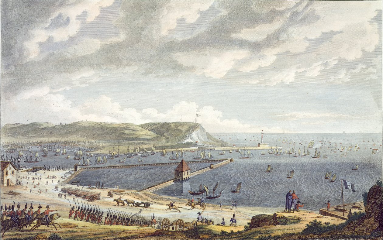 Pohled na přístav a Roadstead of Boulogne u odjezdu flotily, 16. srpna 1803, vyrytý Louis Francois Couche (1782-1849) (akvatinta) od Jean Jerome Baugean