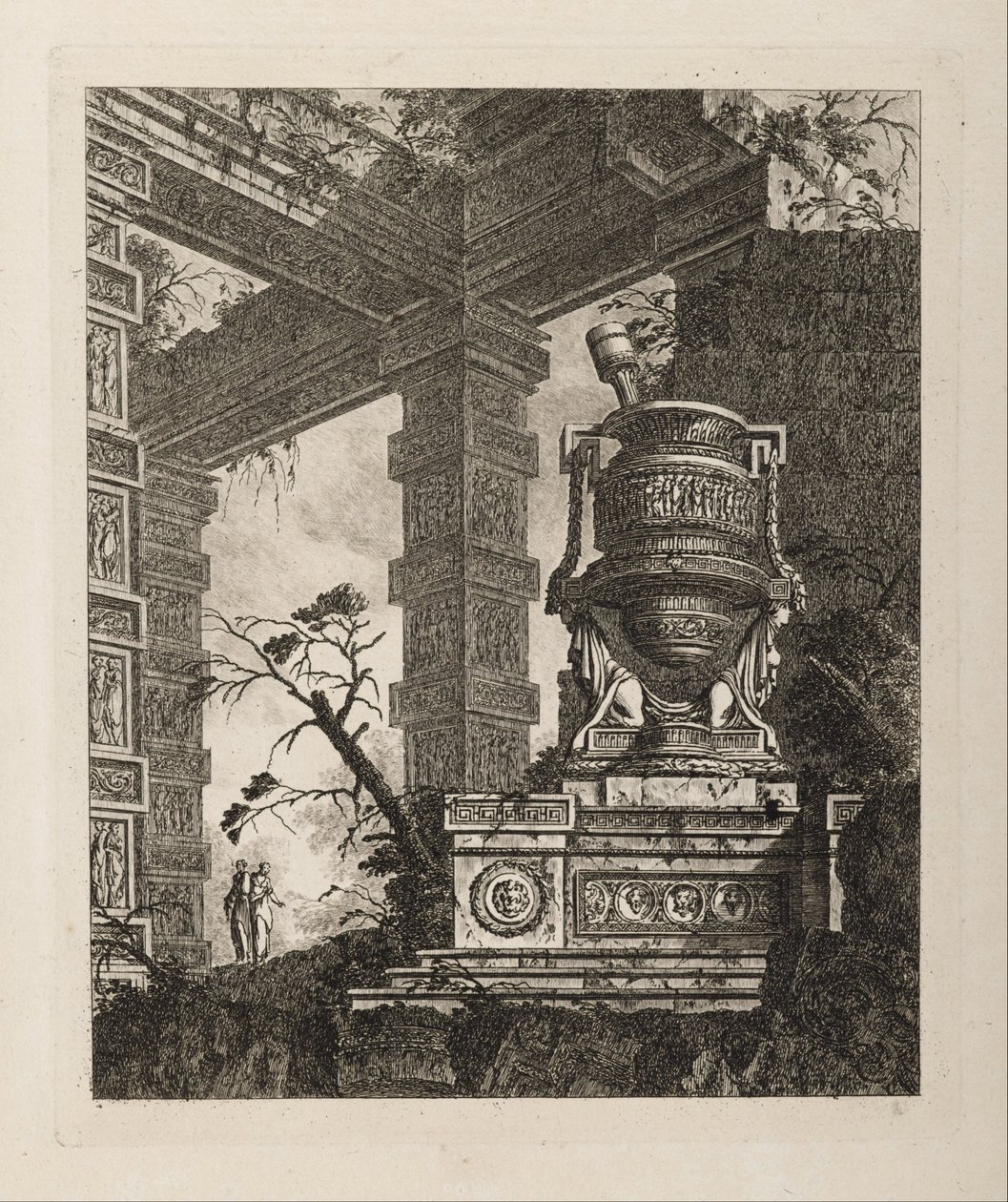 Architectural Fantasy with Monumental Mortar, Plate 2 from Vasi ... od Jean Laurent Legeay