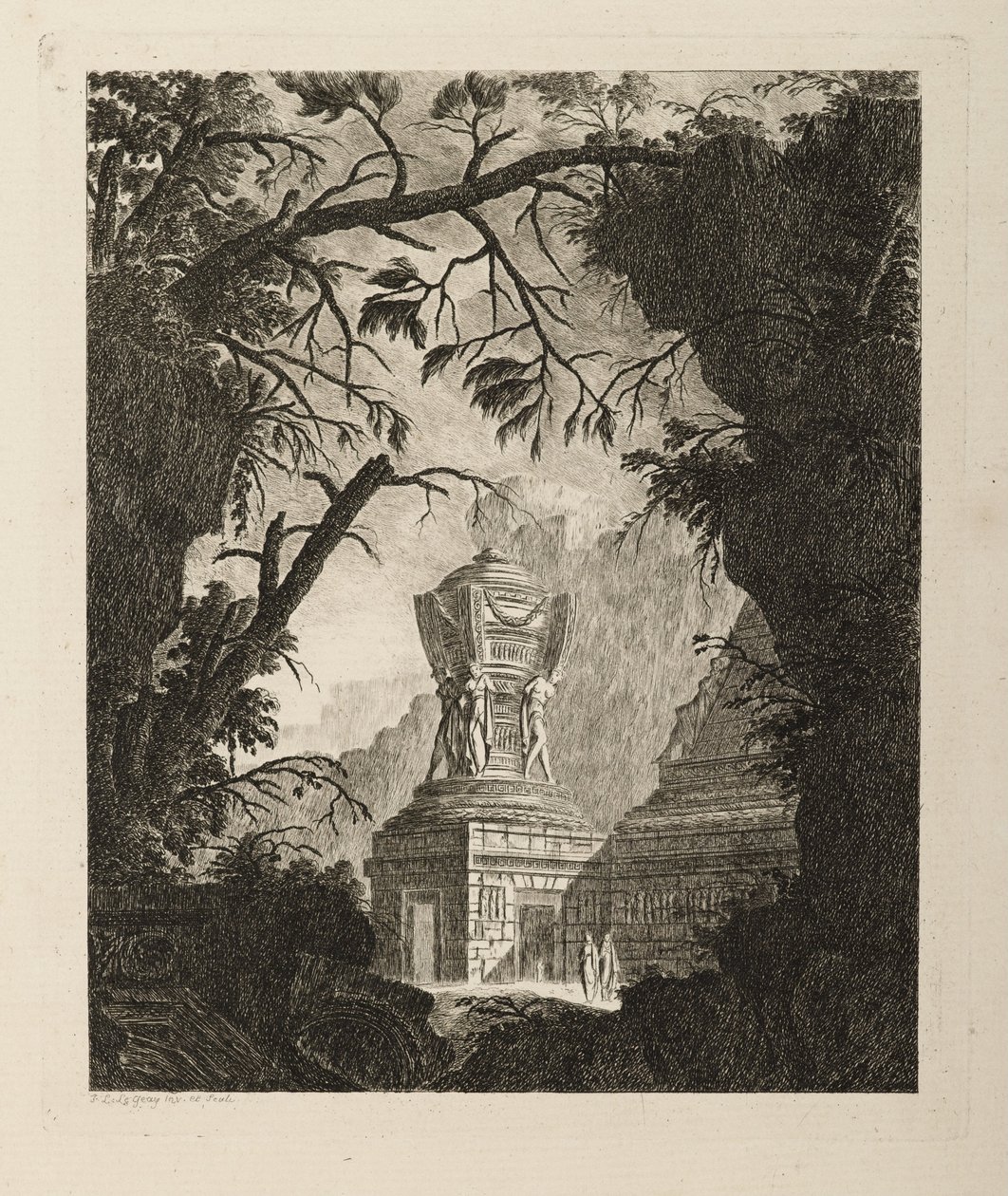 Monumentální hrobka se třemi nakloněnými ženami ze série Tombeaux od Jean Laurent Legeay