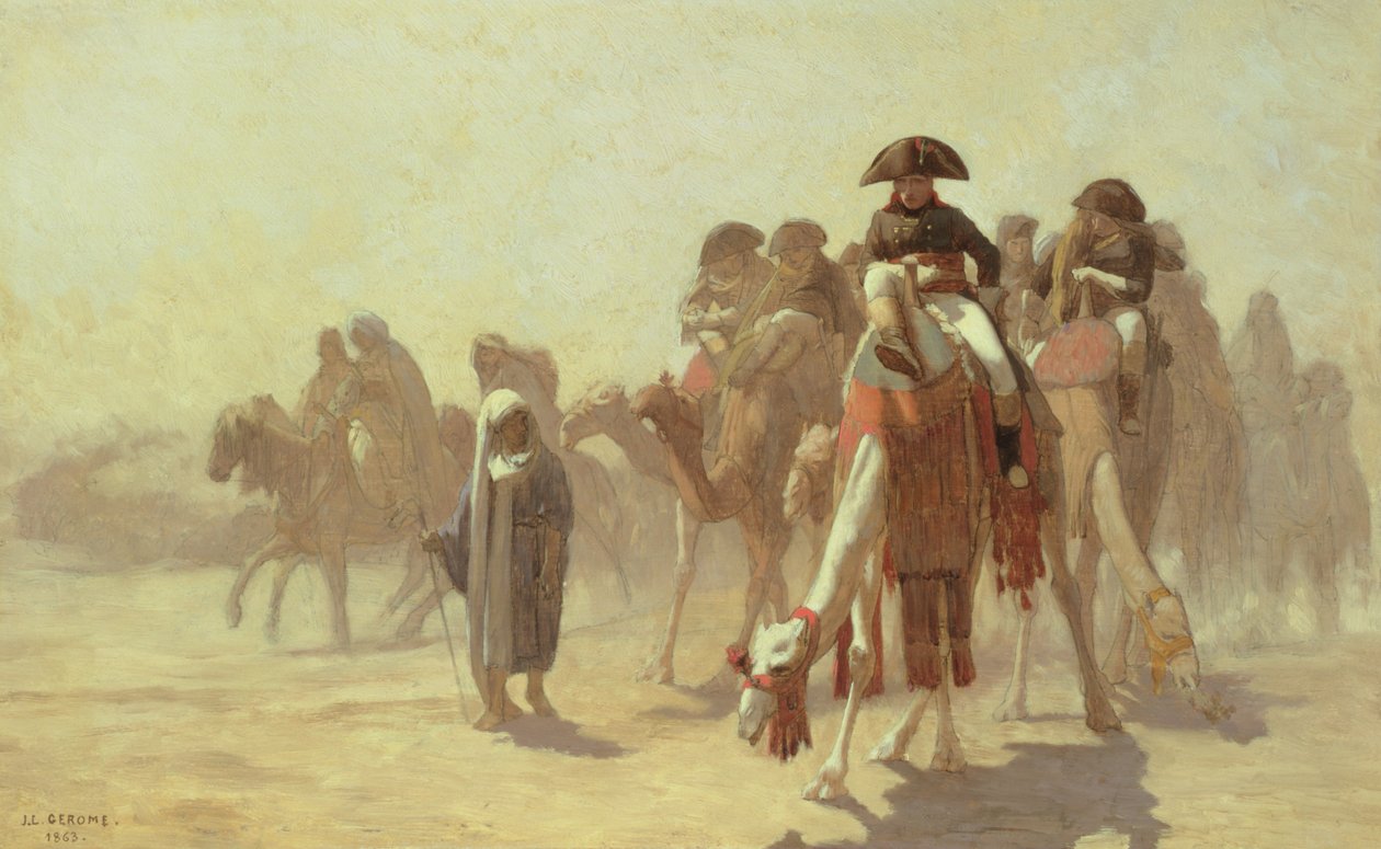 Generál Bonaparte se svým vojenským štábem v Egyptě, 1863 (tužka a olej na plátně) od Jean Leon Gerome