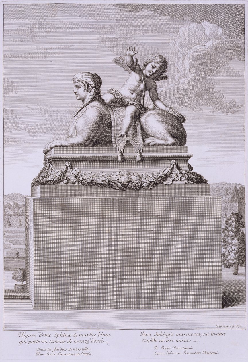 Postava sfingy z bílého mramoru, nesoucí bronzového Amora, ve Versailles, 1676, z „Vues et Plans de Versailles“, publikované kolem 1676-89 od Jean Lepautre