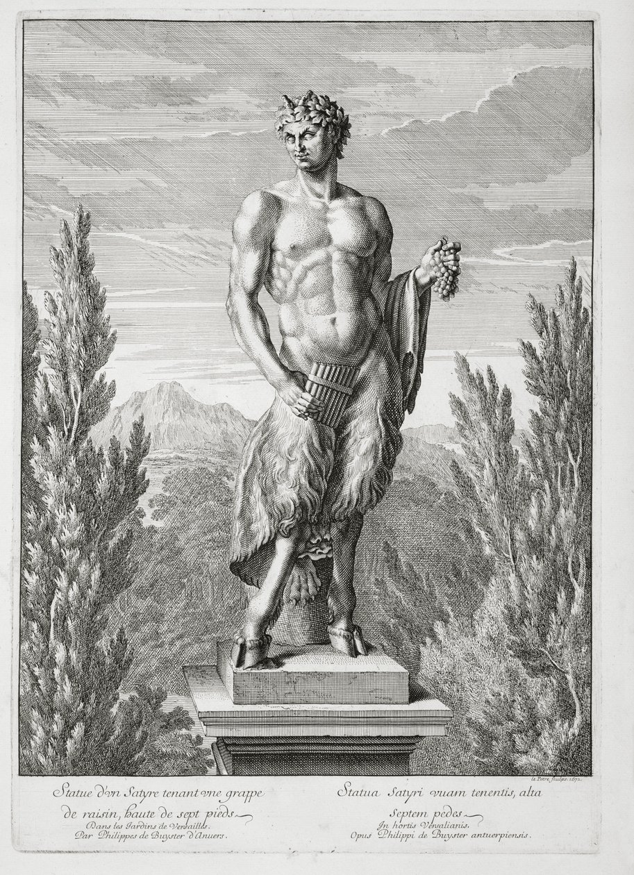 Socha satyra držícího hrozen, Versailles, 1672, z „Vues et Plans de Versailles“, vydáno kolem 1672-89 od Jean Lepautre