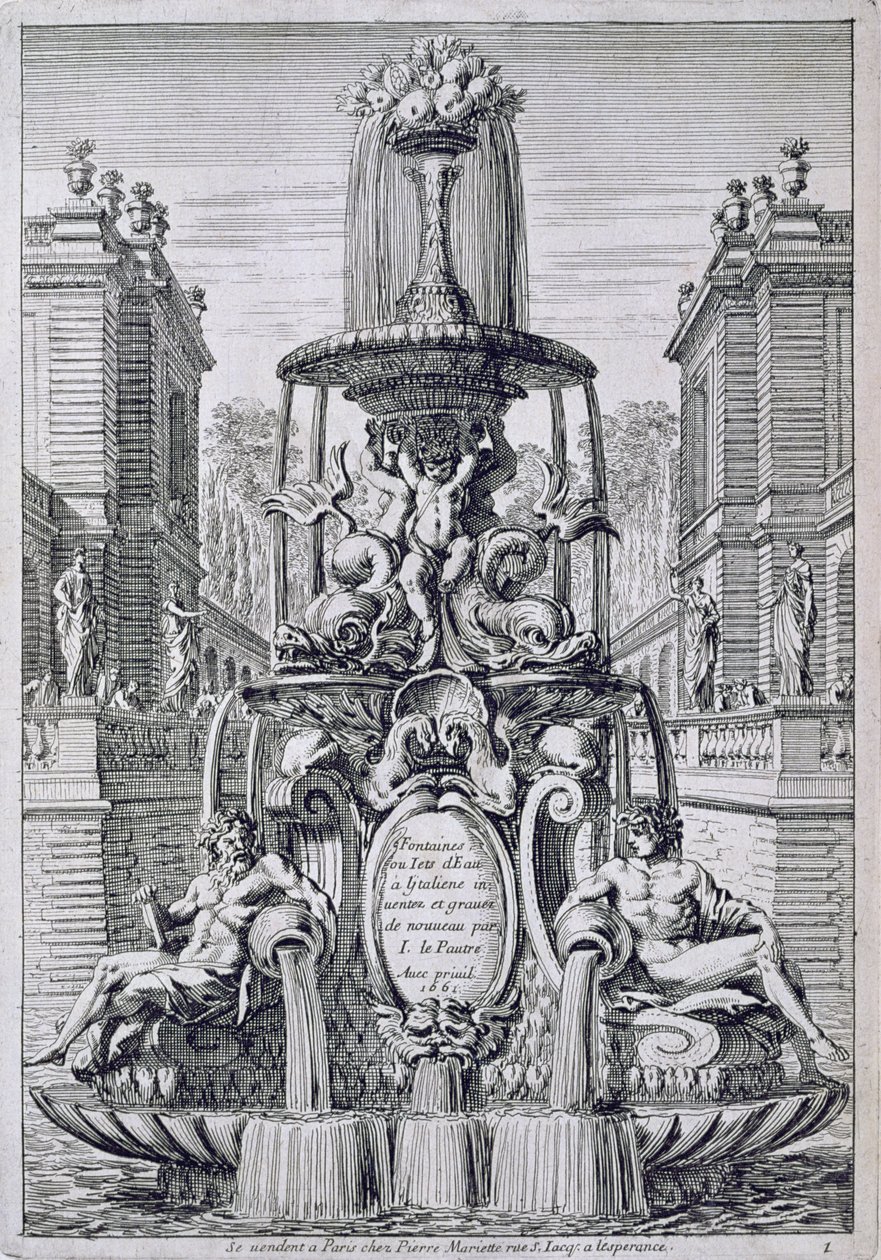 Titulní strana z „Fontány a vodní trysky v italském stylu“, vydané v roce 1661 od Jean Lepautre