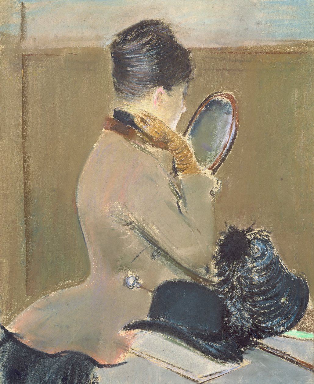 At the Milliner, c.1885 (pastel na papíře položený na palubě) od Jean Louis Forain