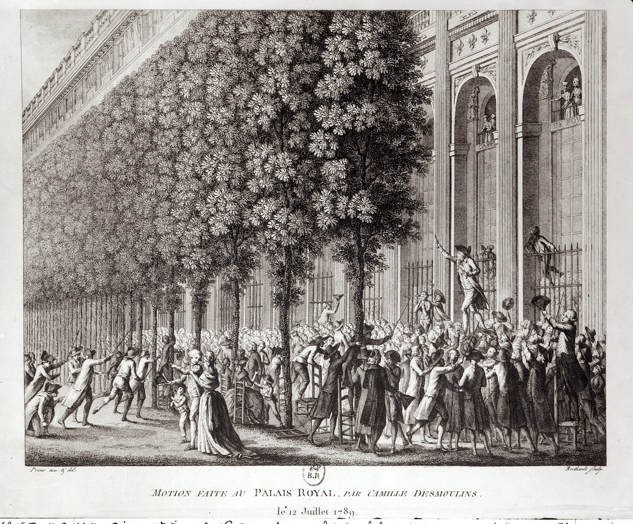 Camille Desmoulins (1760-94) Speaking at Palais Royal, 12. července 1789, vyryl Pierre Gabriel Berthault (1737-1831) od Jean Louis the Younger Prieur