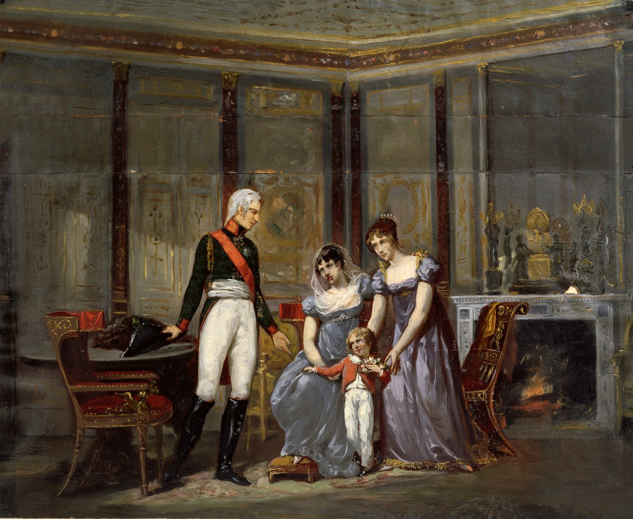 Císařovna Josefína představuje svou dceru Hortense a vnuka Louise-Napoléona (budoucího Napoleona III.) caru Alexandrovi v Malmaisonu v květnu 1814 (přípravná skica pro 42065) od Jean Louis Victor Viger du Vigneau