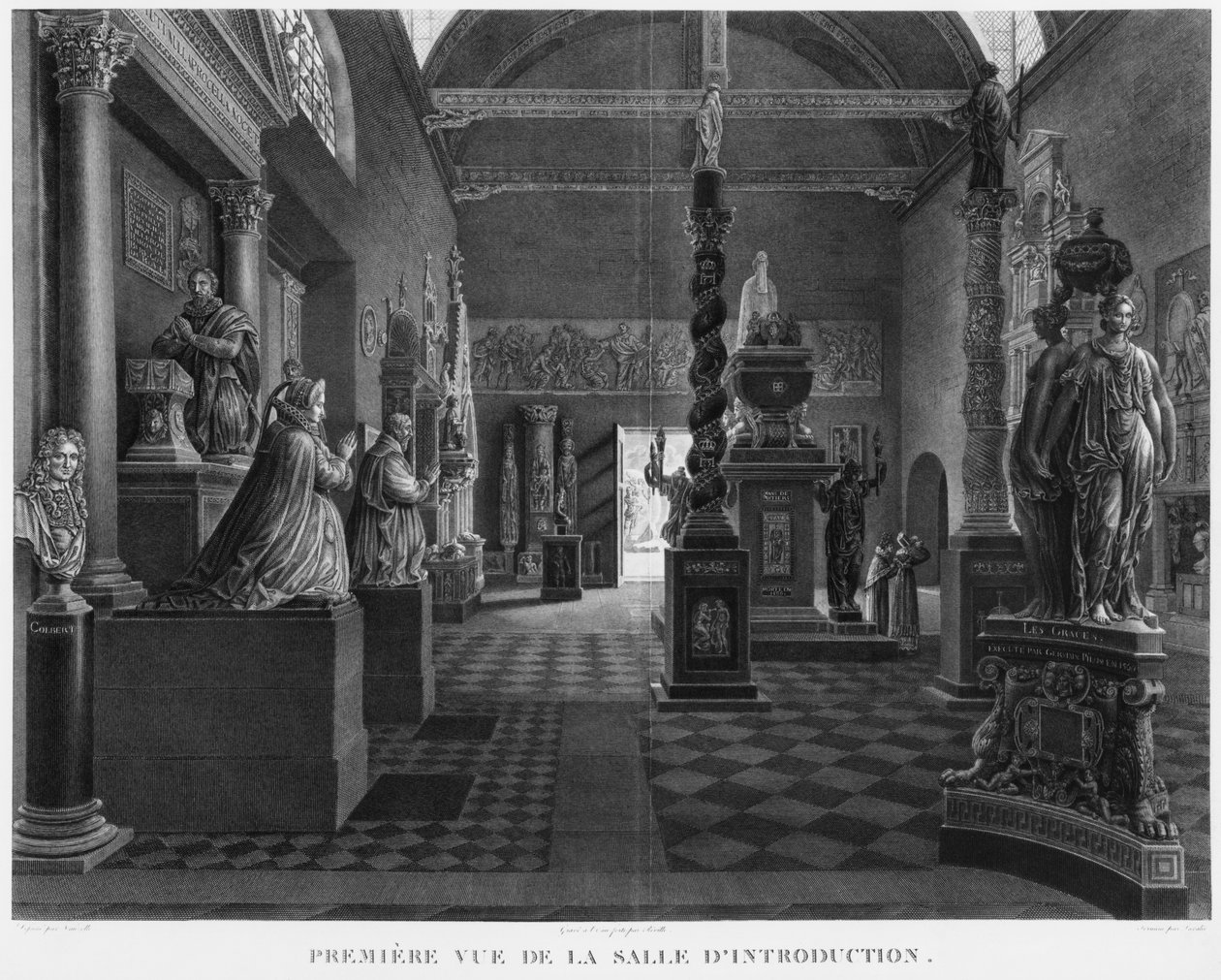 První pohled do úvodního sálu, Musee des Monuments Francais, Paříž, ilustrace z knihy "Vues pittoresques et perspectives des salles du Musee des Monuments Francais et des principaux ouvrages...". od Jean Lubin Vauzelle