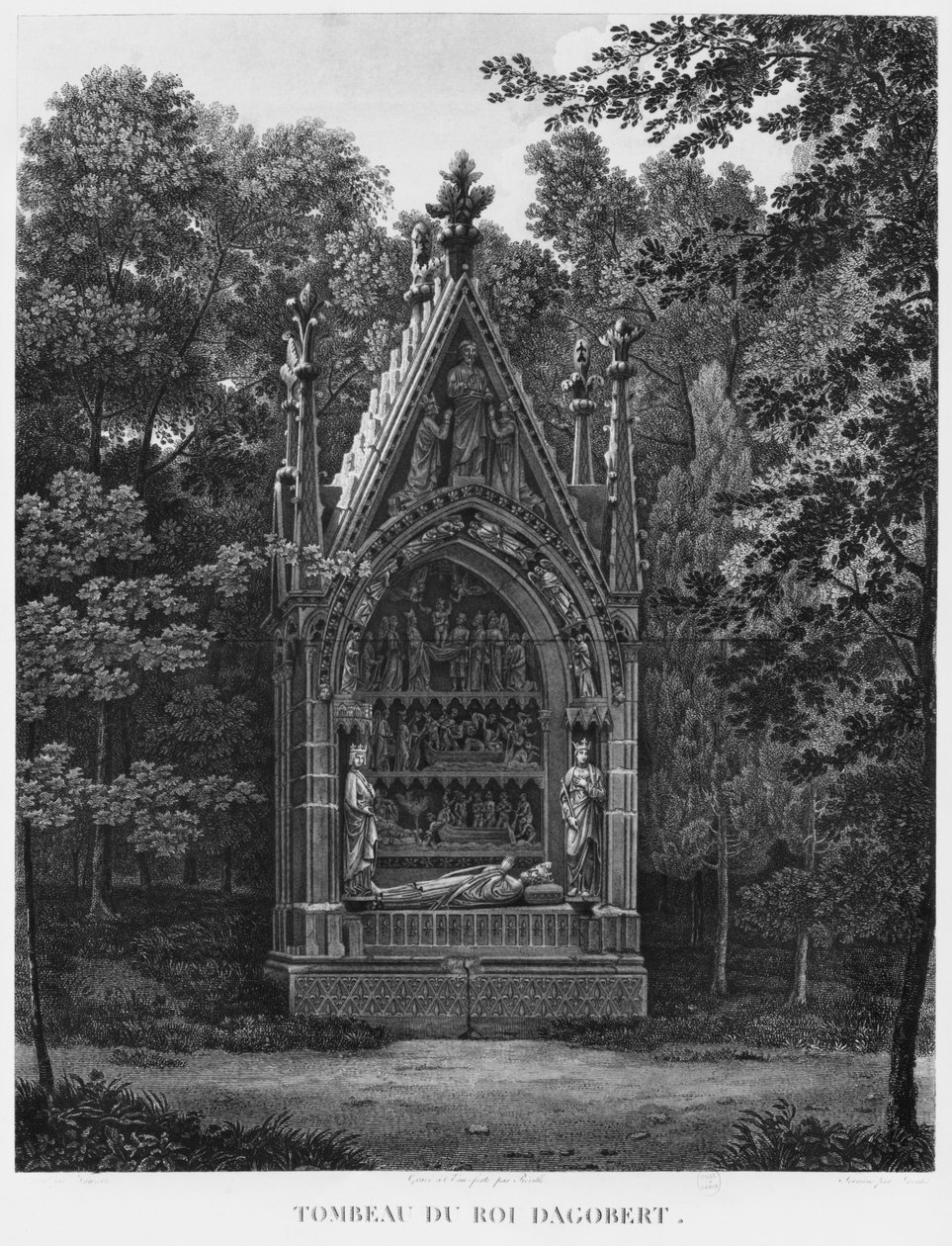 Hrobka krále Dagoberta, Musee des Monuments Francais, Paříž, ilustrace z knihy "Vues pittoresques et perspectives des salles du Musee des Monuments Francais et des principaux ouvrages...", vyryl autor od Jean Lubin Vauzelle