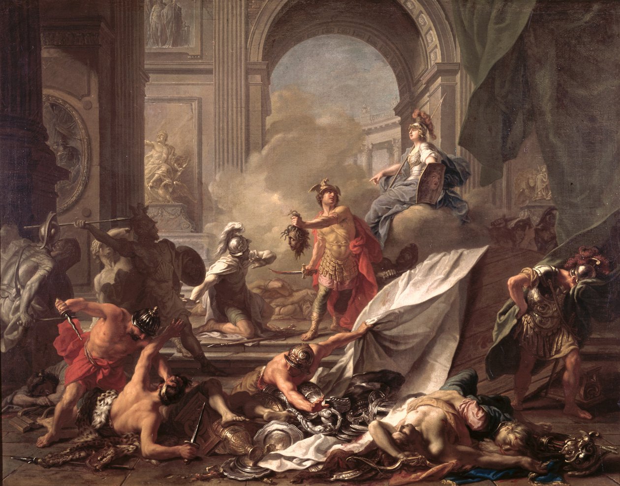 Perseus pod ochranou Minervy promění Phinea v kámen máváním hlavou Medúzy od Jean Marc Nattier