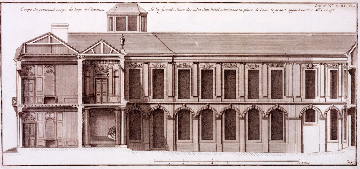 Fasáda části domu Monsieur Crozat, Place Louis le Grand, Paříž, z „Architecture Francoise“ od Jacquese-Francoise Blondela, 1727 od Jean Mariette