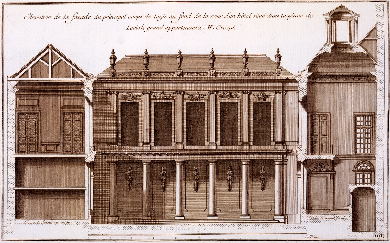 Fasáda části domu Monsieur Crozat, Place Louis le Grand, Paříž, z „Architecture Francoise“ od Jacquese-Francoise Blondela, 1727 od Jean Mariette