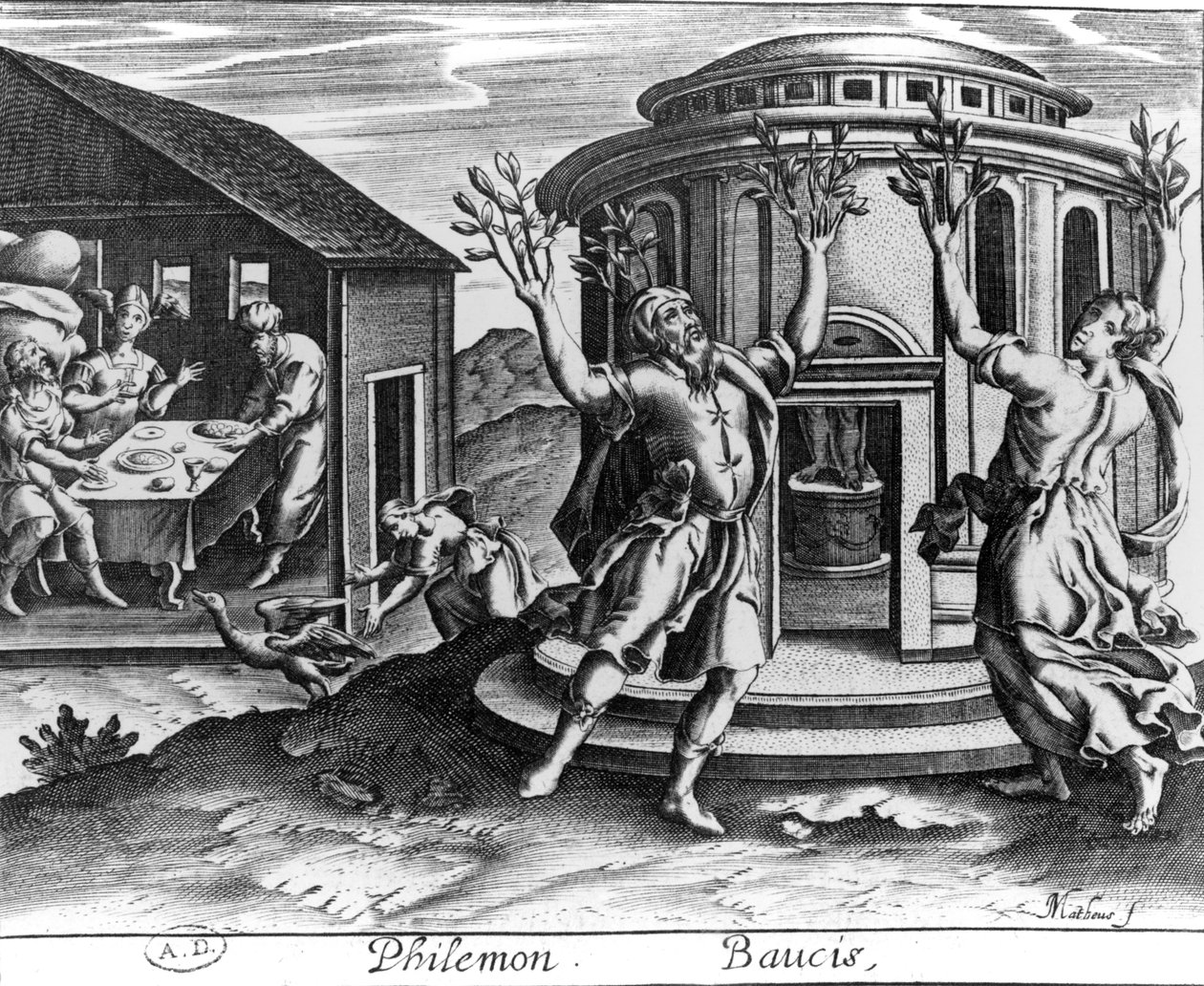 Filemon a Baucis z vydání Ovidiových Metamorfóz vydaného v Paříži v roce 1619, od Jean Matheus