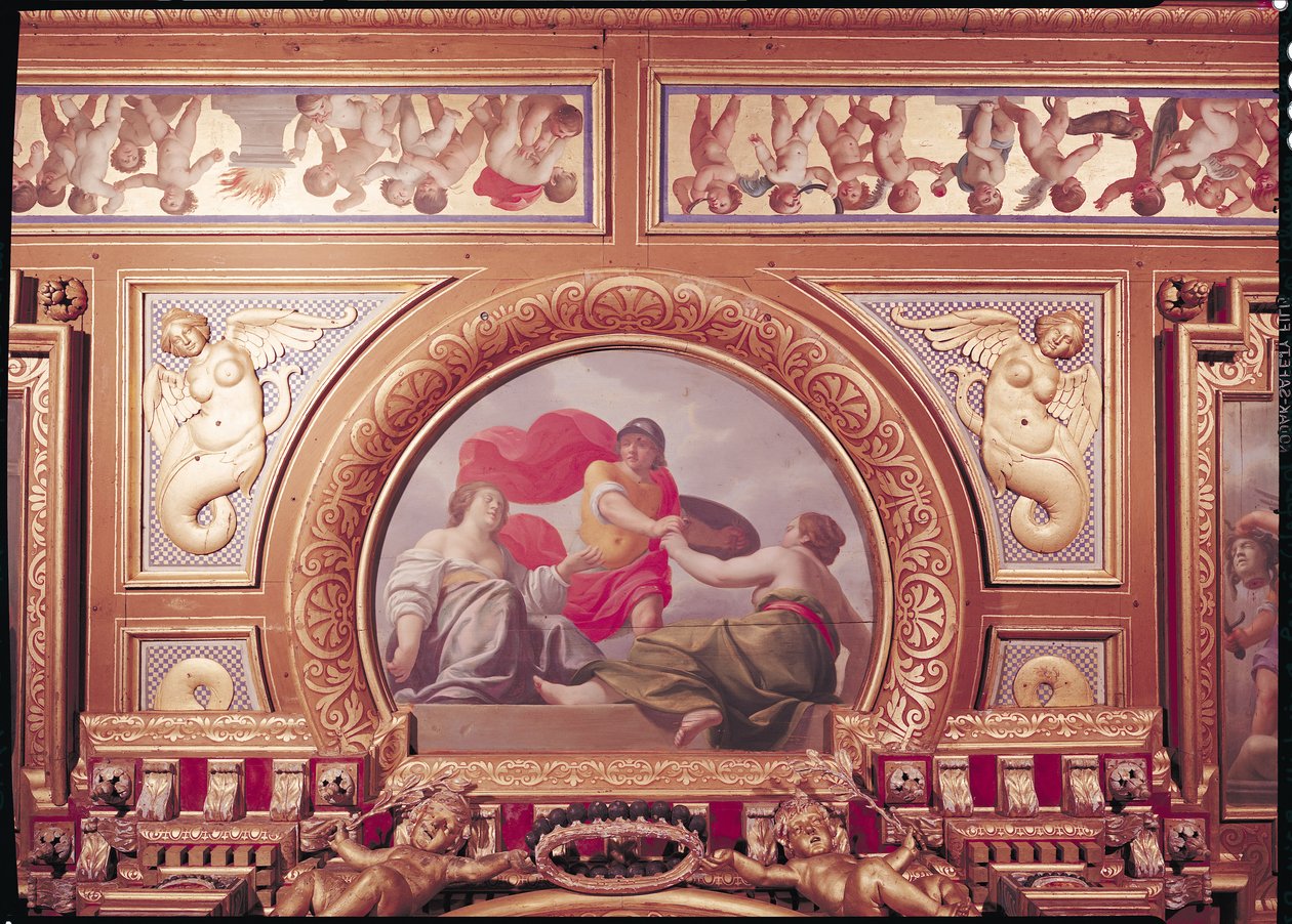Detail stropu zobrazující scénu z příběhu o Perseovi, v Královské ložnici, freska kolem roku 1634 od Jean Laurent Mosnier