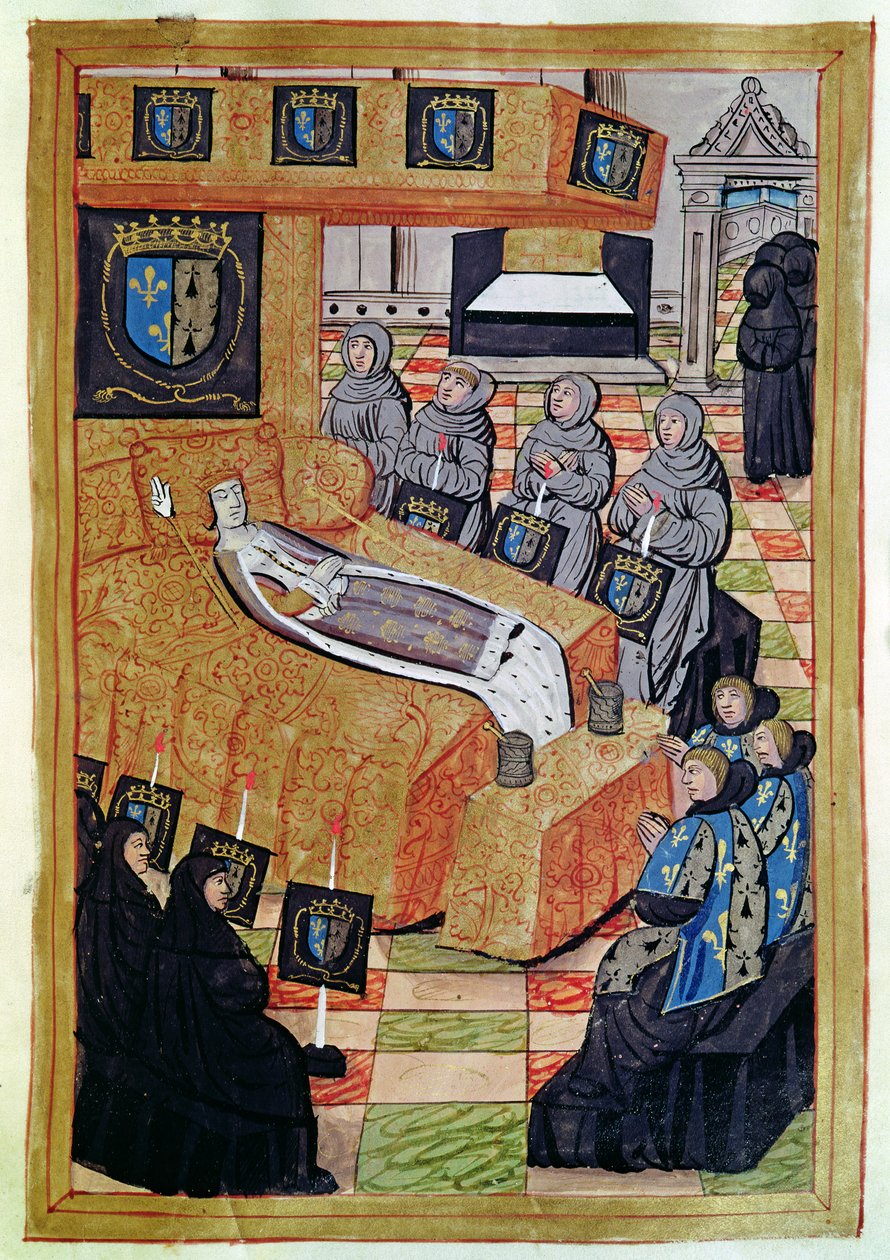 Fol.12r Vévodkyně královna na smrtelné posteli, z Vyprávění o pohřbu Anny Bretaňské (1477-1514) 1515 od Jean Perreal