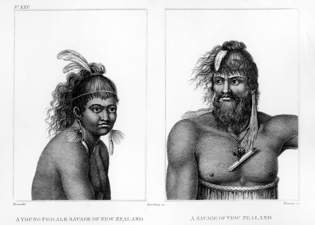 Dva divoši z Nového Zélandu, ilustrace z Labillardièrovy knihy „An Account of A Voyage in search of La Perouse“, vyryla Charles Turner Warren, 1800 od Jean Piron