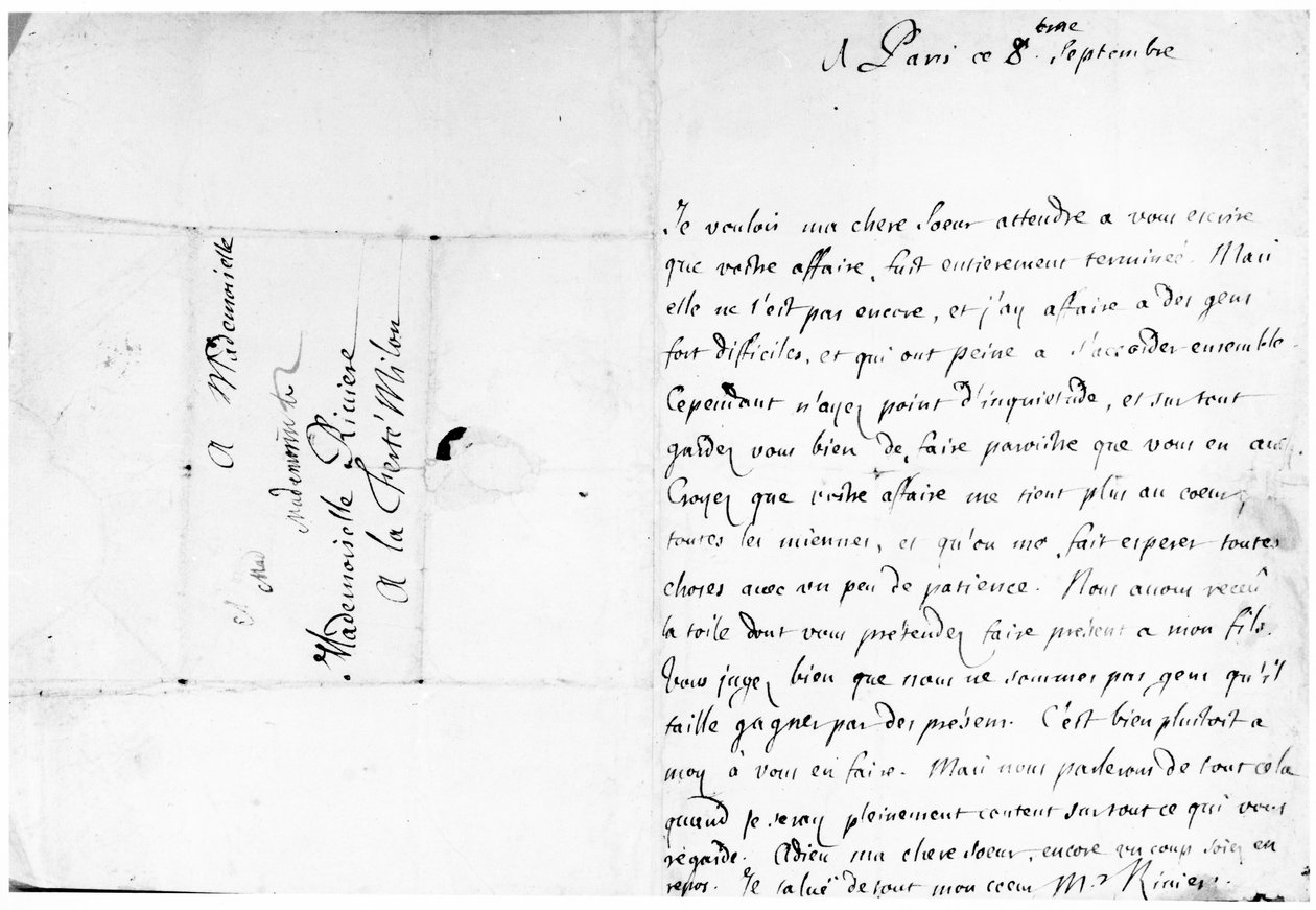 Dopis sestře Marii do La Ferté-Milon (pero a tuš na papíře) od Jean Racine