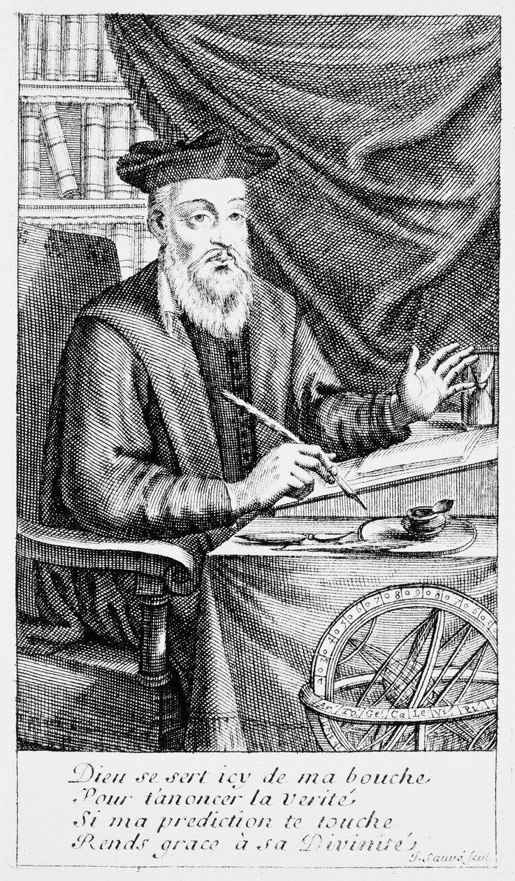 Nostradamus píšící svá proroctví (bw rytina) od Jean Sauvé
