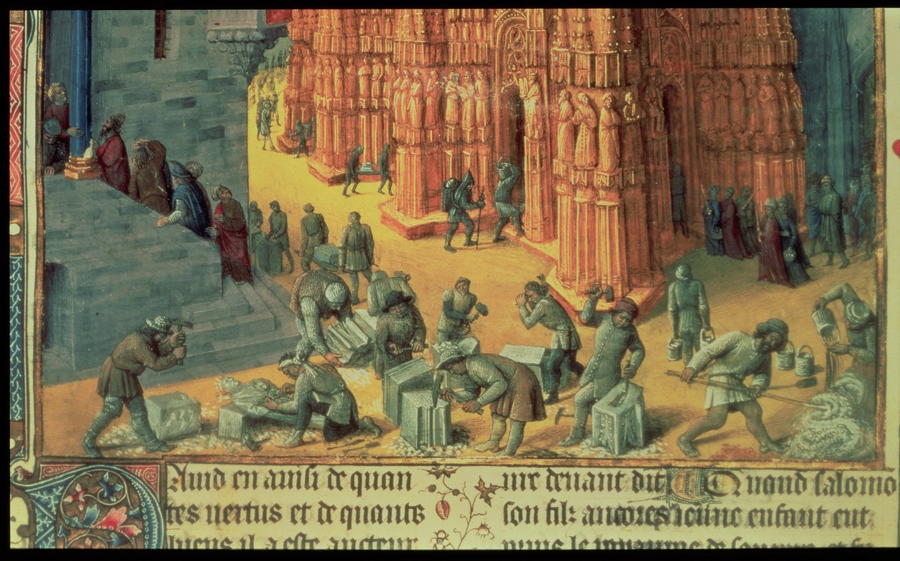 Fr 847 f.153 Stavba jeruzalémského chrámu, detail zedníků při práci, ilustrace z "Antiquites Judaiques", asi 1470-76 od Jean Fouquet