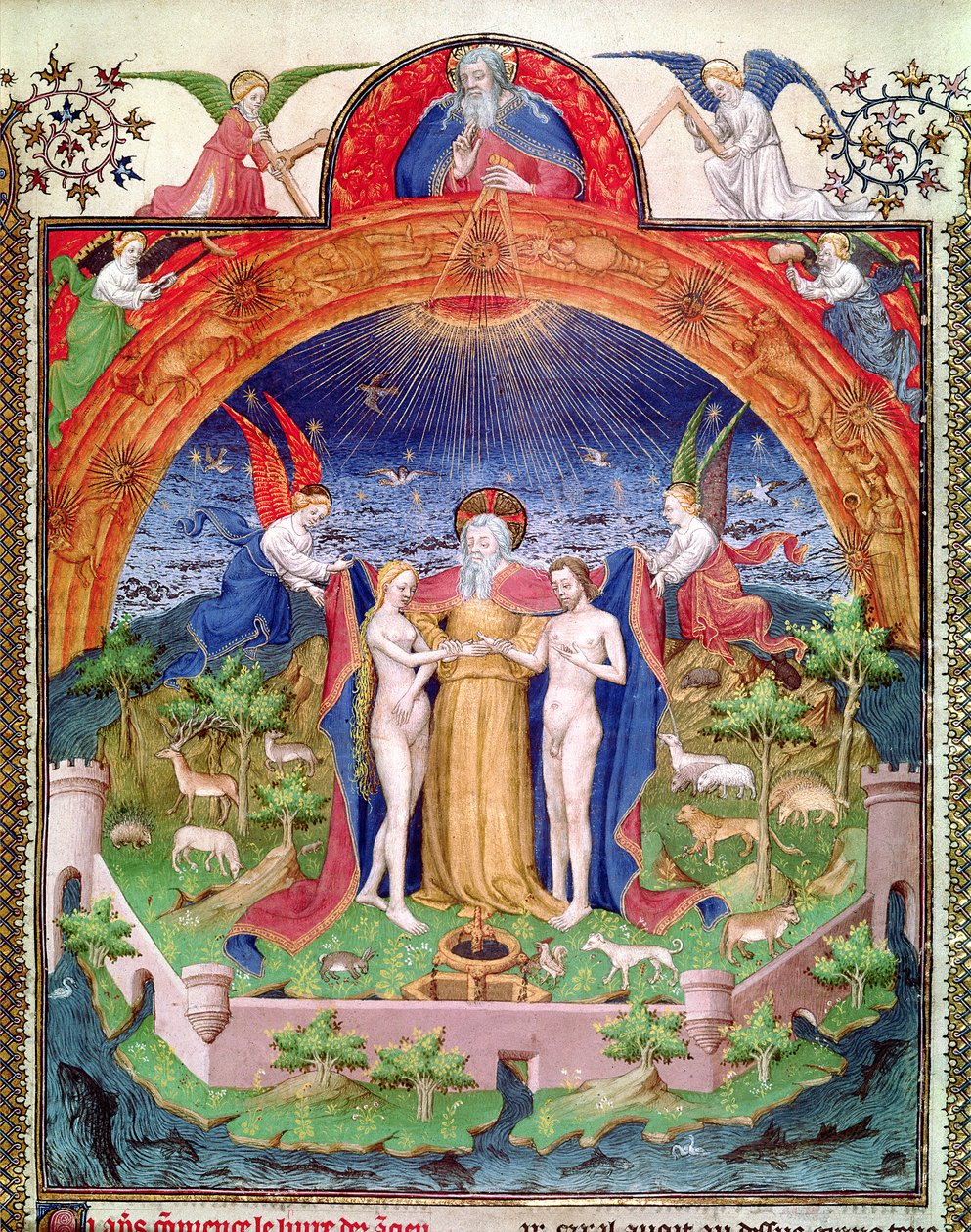 Ms Fr 247 f.3 Stvoření, Bůh představuje Adama a Evu, ilustrace z "Antiquites Judaiques", asi 1470. od Jean Fouquet