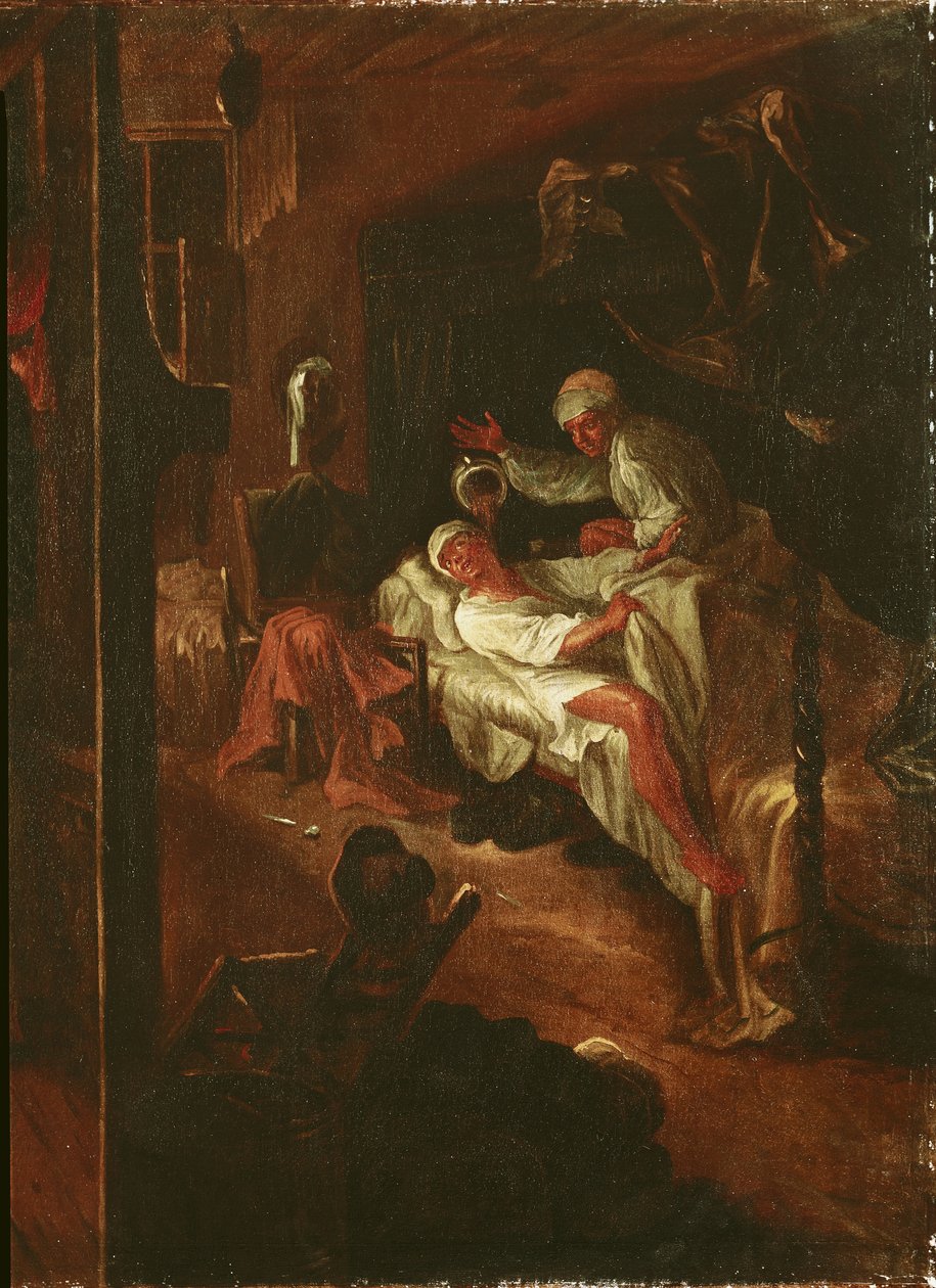 La Rancune zlomyslně vylévá svůj komorní hrnec na obchodníka z Bas-Maine, z románu „Roman Comique“ od Paula Scarrona (1610-60) 1712-16 od Jean de Coulom