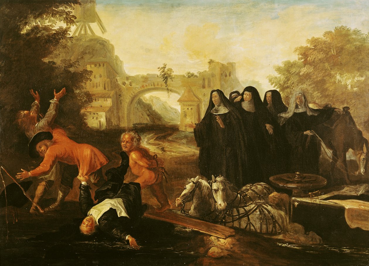 Abatyše z Etivalu se vrací do Le Mans se čtyřmi jeptiškami, z románu „Roman Comique“ od Paula Scarrona (1610-60) 1712-16 od Jean de Coulom