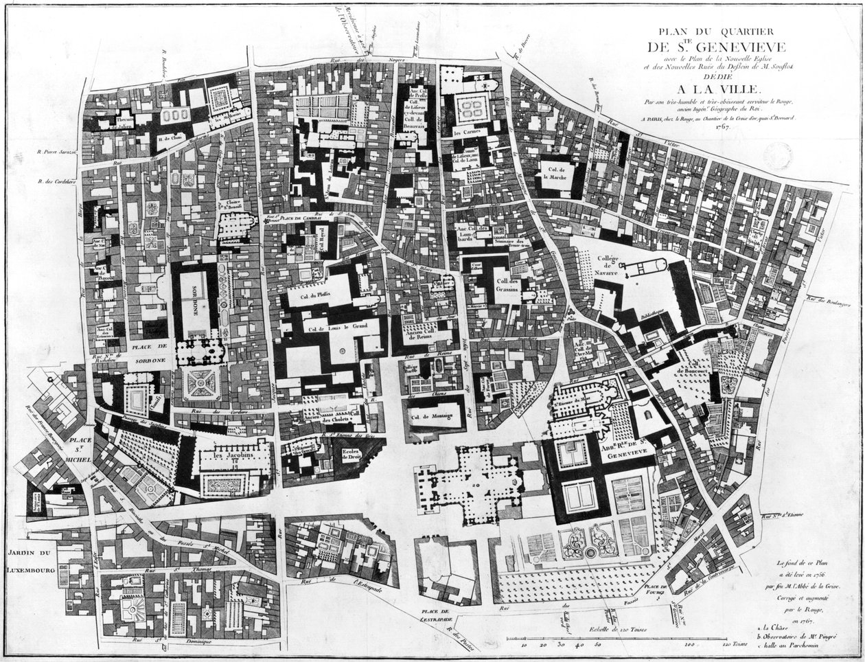 Mapa oblasti Sainte-Genevieve, Paříž, 1756 od Jean de La Grive