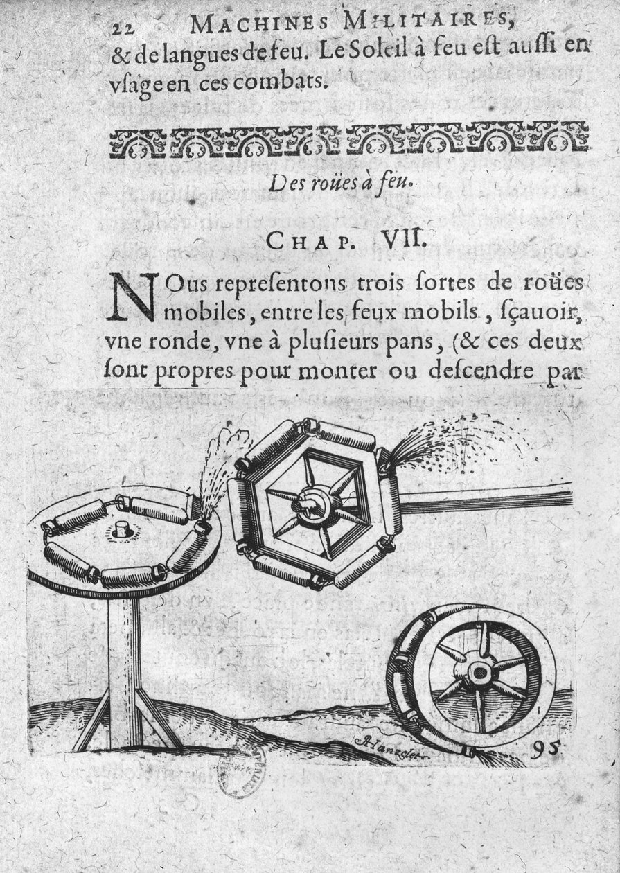 Kola pro ohňostroje, ilustrace ze „Sbírka několika vojenských strojů a ohňostrojů pro válku a zábavu“ od Francoise Thybourela, Pont-a-Mousson, 1620 od Jean, known as Hanzelet Appier