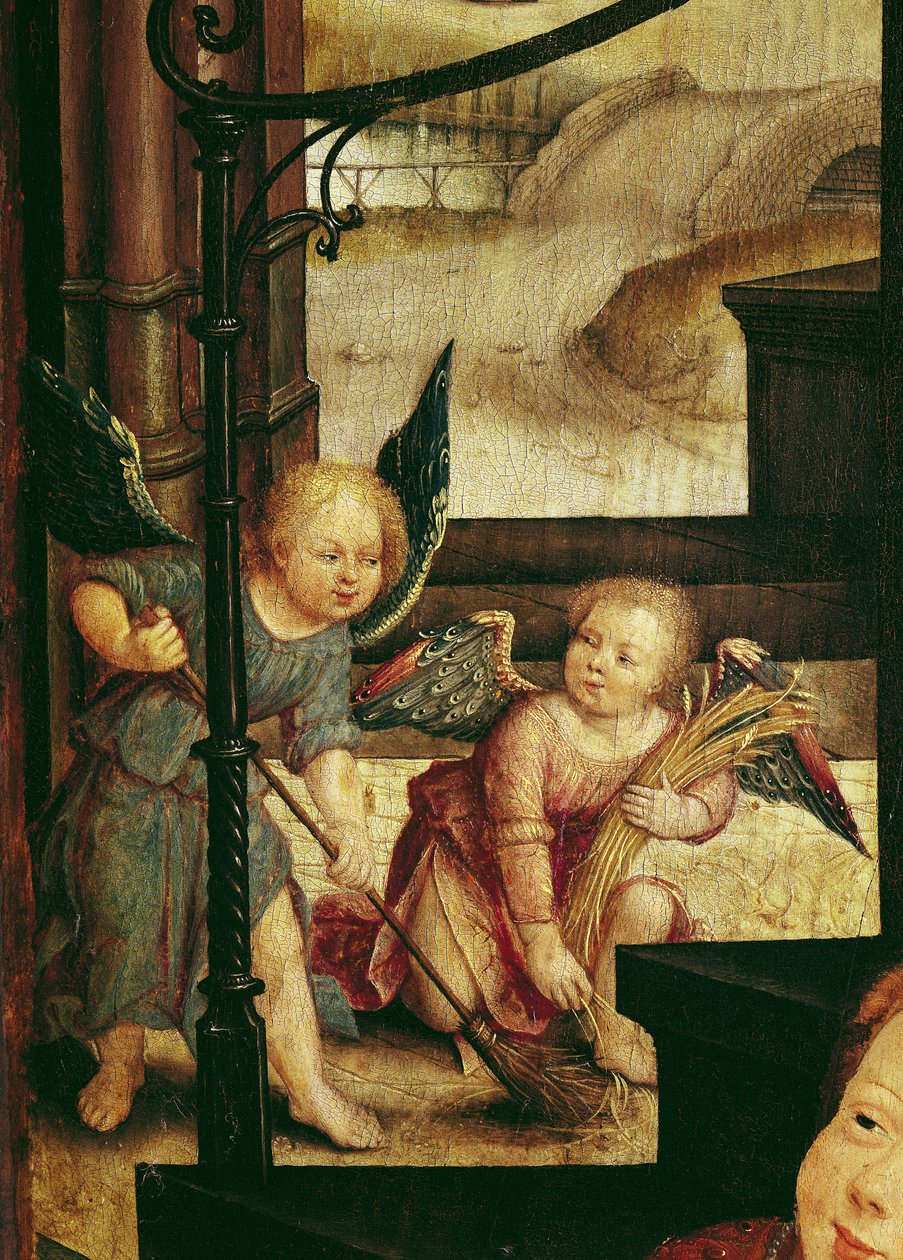 Triptych Klanění dítěte, detail dvou andělů smetých z pravého panelu, 1529 od Jean the Elder Bellegambe
