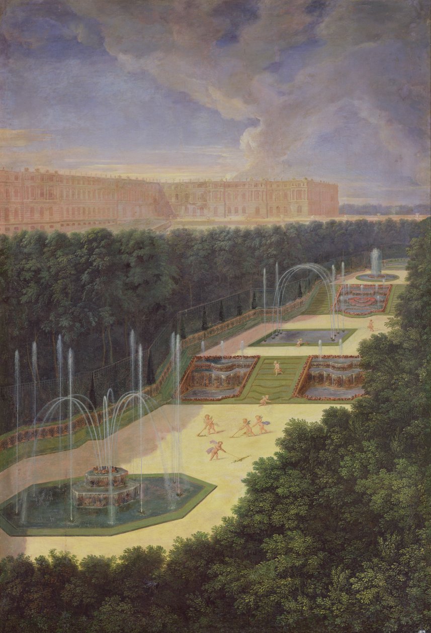 The Groves of Versailles, Perspektivní pohled na tři fontány s cheruby hrabajícími a zalévajícími, 1688 od Jean the Younger Cotelle