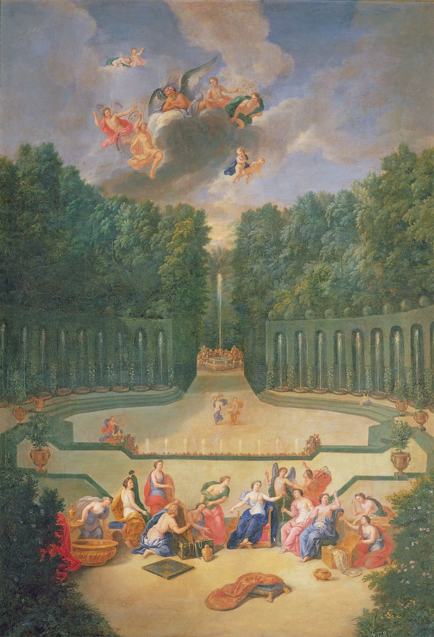 Groves of Versailles. Pohled na amfiteátr a vodní divadlo s Venuší obklopenou hodinami v přítomnosti Uranu od Jean the Younger Cotelle