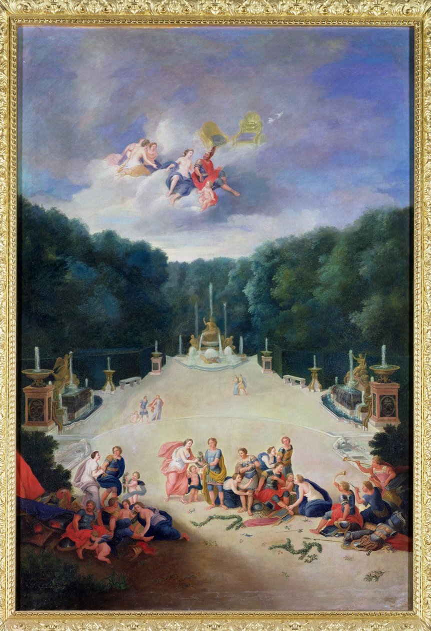 Groves of Versailles. Pohled na Arc de Triomphe a France Triumphant s nymfami spoutávajícími zajatce před Venuší a Marsem, 1688 od Jean the Younger Cotelle