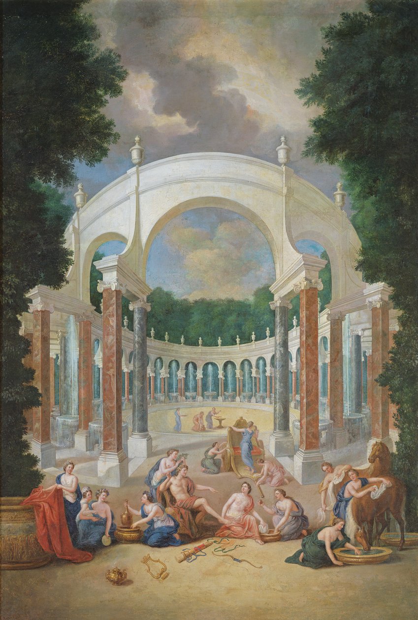 Groves of Versailles. Pohled na kolonádu s Apollónem a nymfami od Jean the Younger Cotelle