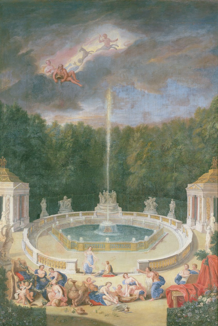 Versailleské háje. Pohled na Kopulový háj s nymfami zdobícími květinami Apollónův vůz od Jean the Younger Cotelle