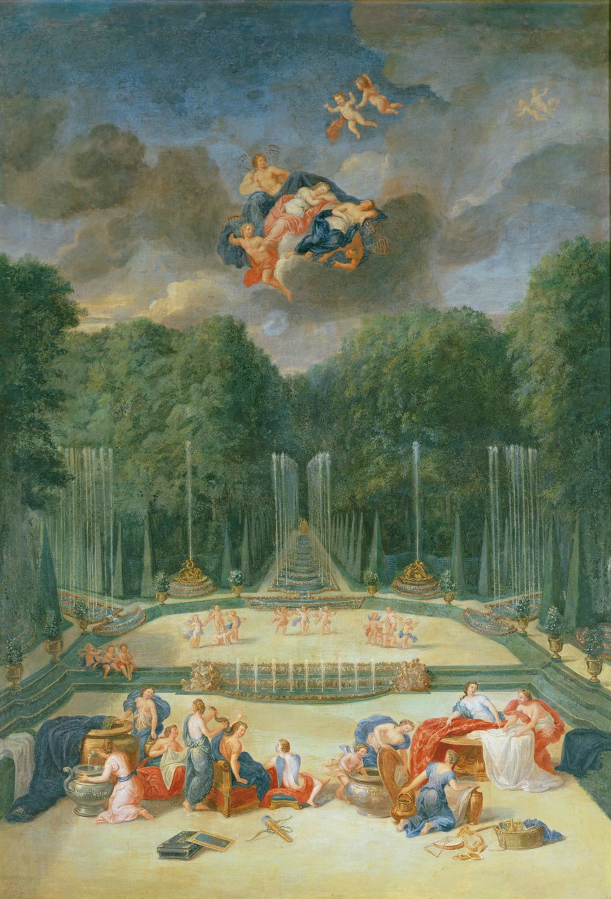 Groves of Versailles. Pohled na divadlo vody s nymfami čekajícími na přijetí Psyché od Jean the Younger Cotelle
