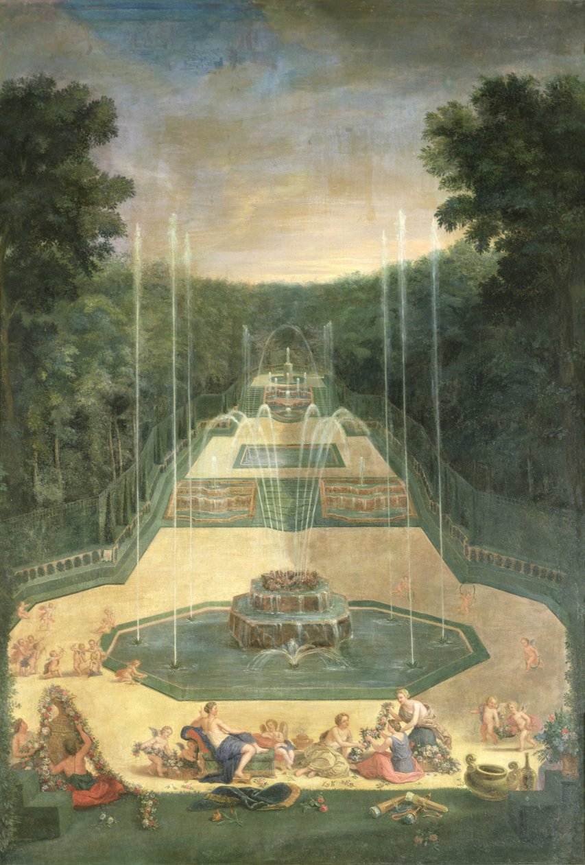 Groves of Versailles. Pohled na tři fontány s Venuší a cherubíny při cvičení s luky a šípy, 1688 od Jean the Younger Cotelle