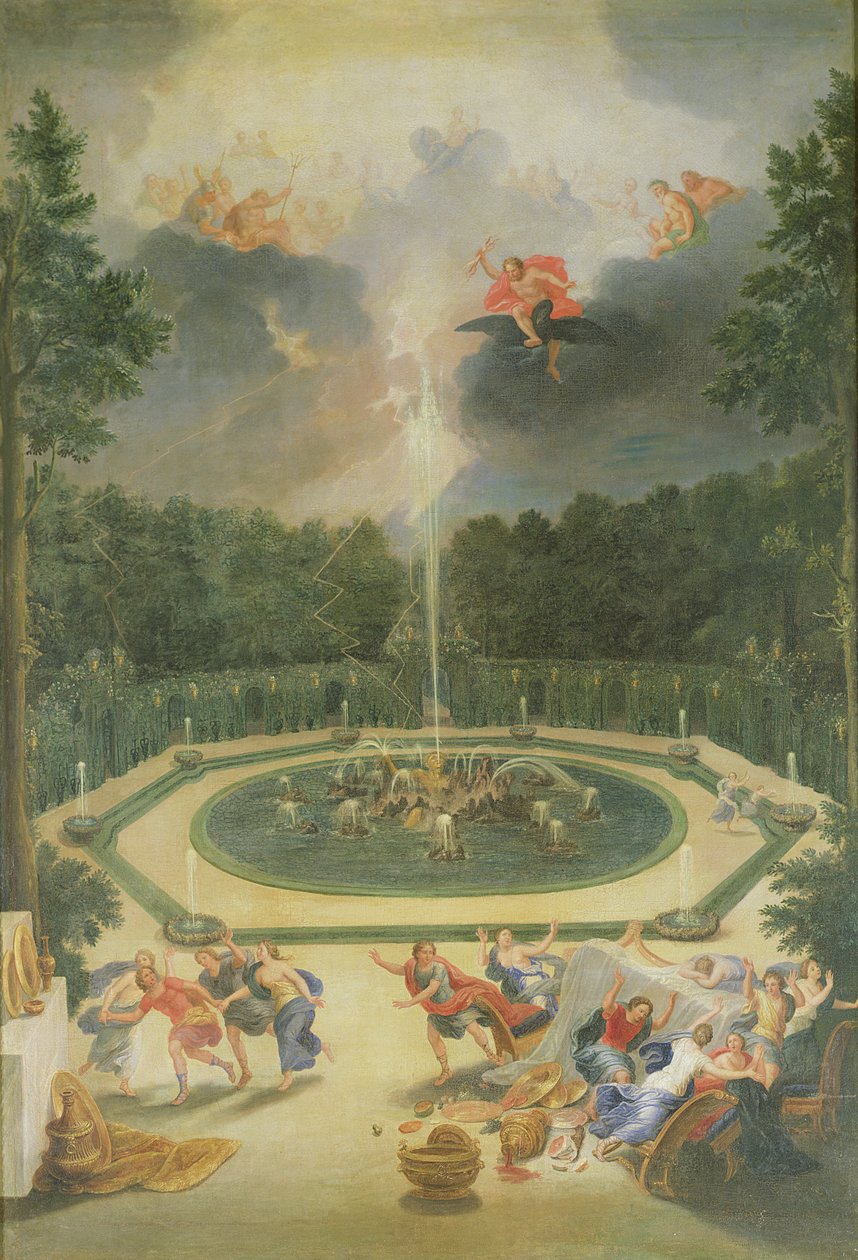 Groves of the Versailles. Pohled na fontánu Enceladus se svátkem Lycaon od Jean the Younger Cotelle