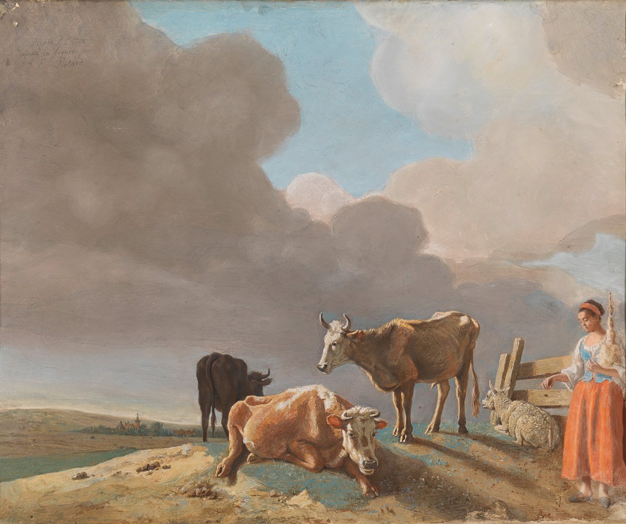 Krajina s krávami, ovečkami a pastýřkou od Jean-Étienne Liotard
