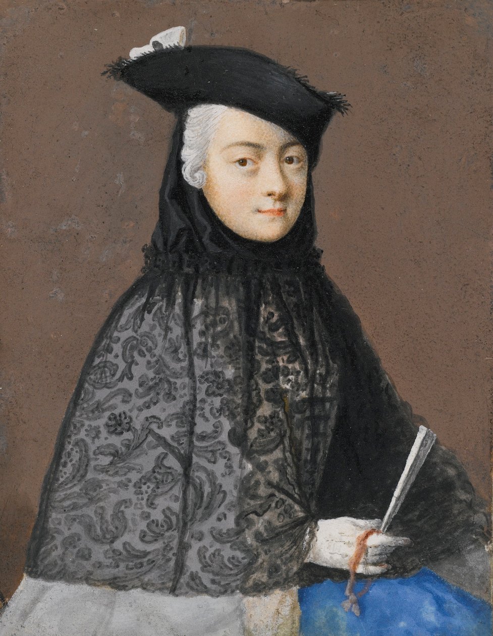 Portrét sedící dámy v benátském karnevalovém kostýmu s vějířem od Jean Étienne Liotard