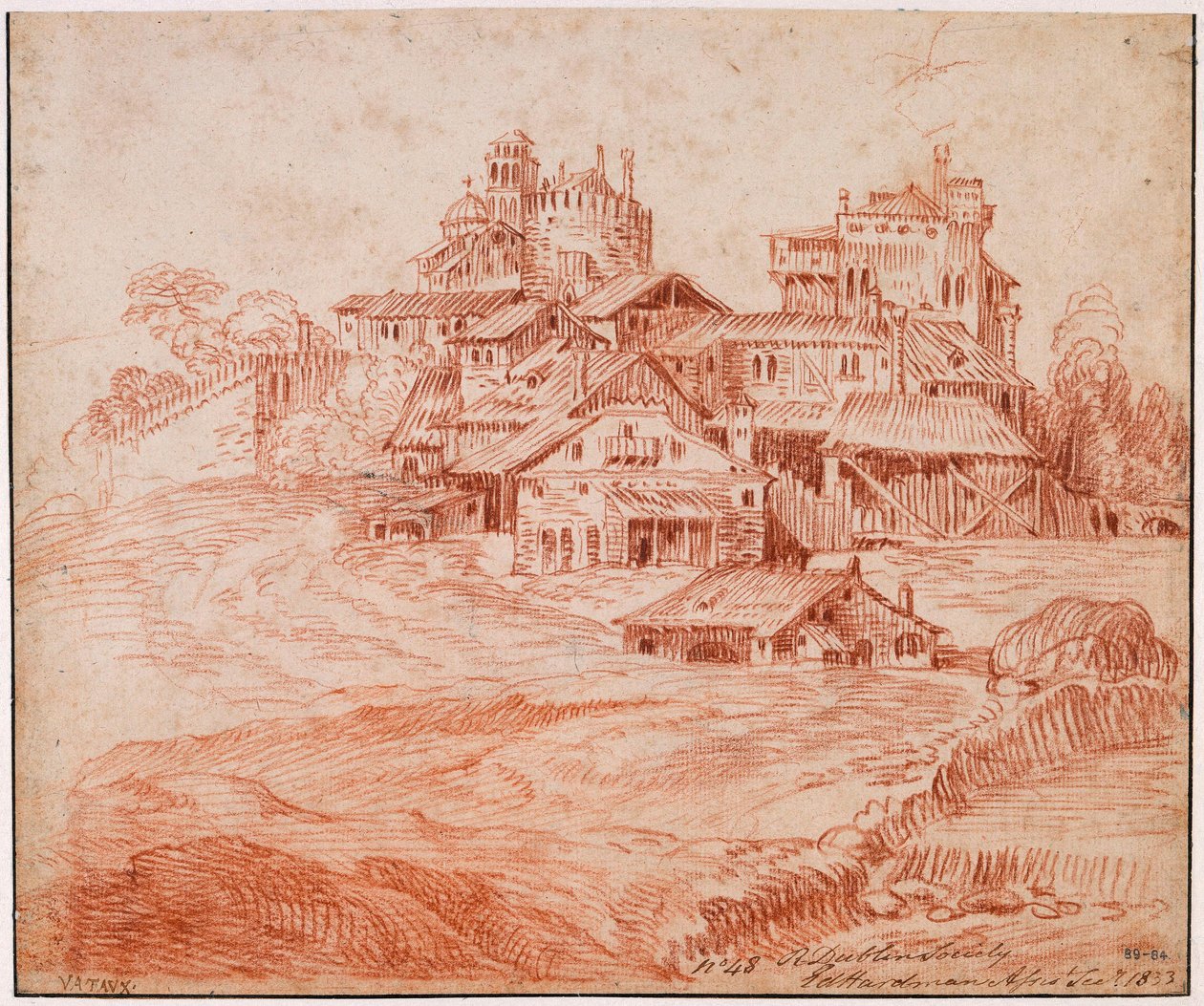 Befestigtes Dorf mit Burg, Bergfried und Kirche od Jean-Antoine Watteau