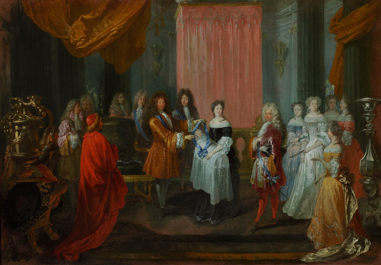 Ludvík XIV. uděluje řád Cordon bleu vévodovi z Burgundska, otci budoucího Ludvíka XV. od Jean-Antoine Watteau