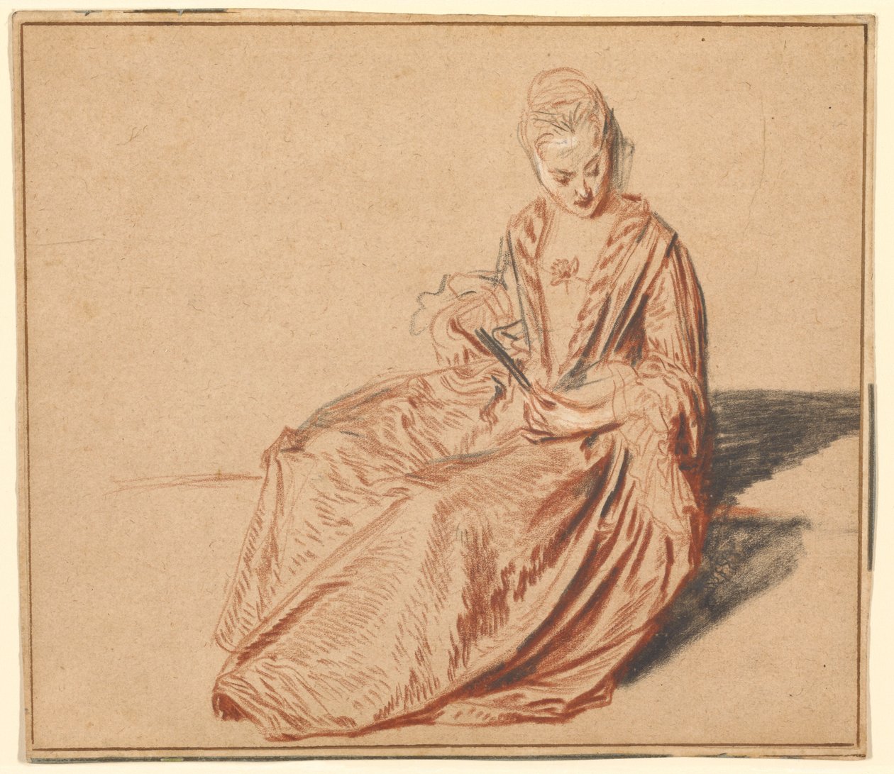 Sedící žena s vějířem od Jean-Antoine Watteau