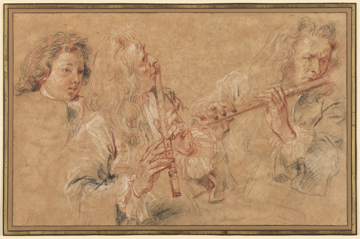 Dvě studie flétnisty a studie hlavy chlapce od Jean-Antoine Watteau