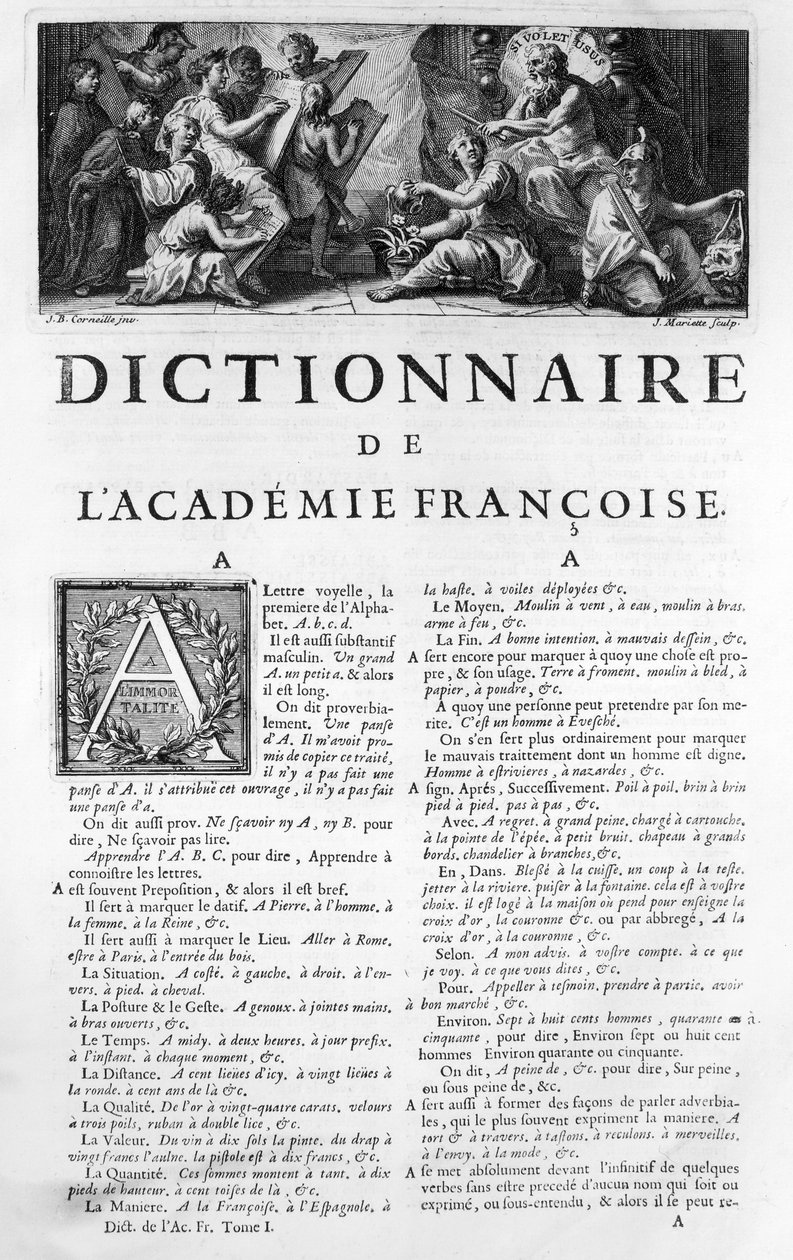 Frontispis slovníku Francouzské akademie, vyryl Jean Mariette (1660-1742) od Jean Baptiste Corneille