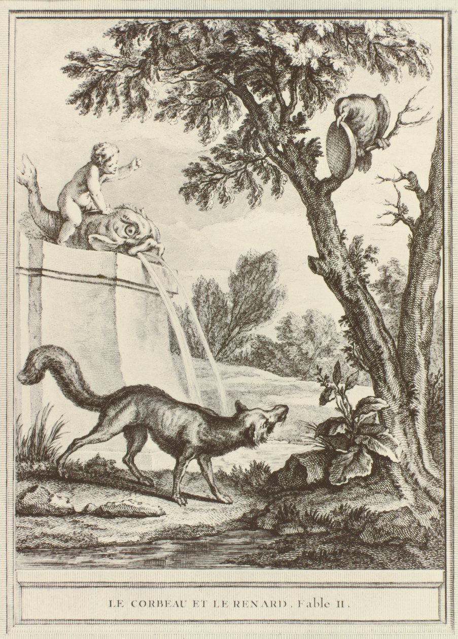 Liška a vrána, z „Fables Choisies, mises en vers“ od Jean de la Fontaine, vyryto Charlesem Nicolasem Cochinem, vydáno 1755-1759 od Jean-Baptiste Oudry