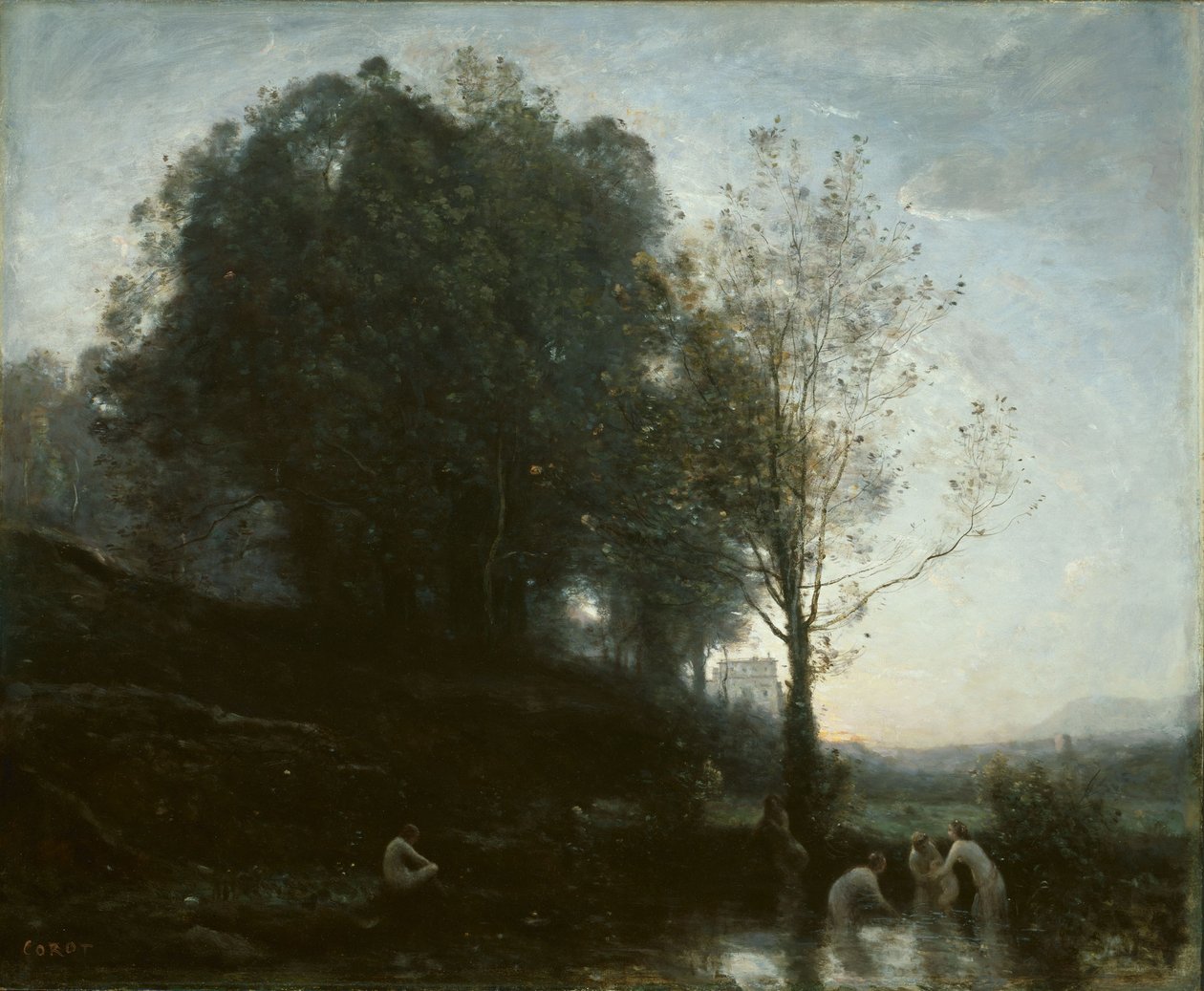 Koupající se nymfy a dítě od Jean-Baptiste-Camille Corot