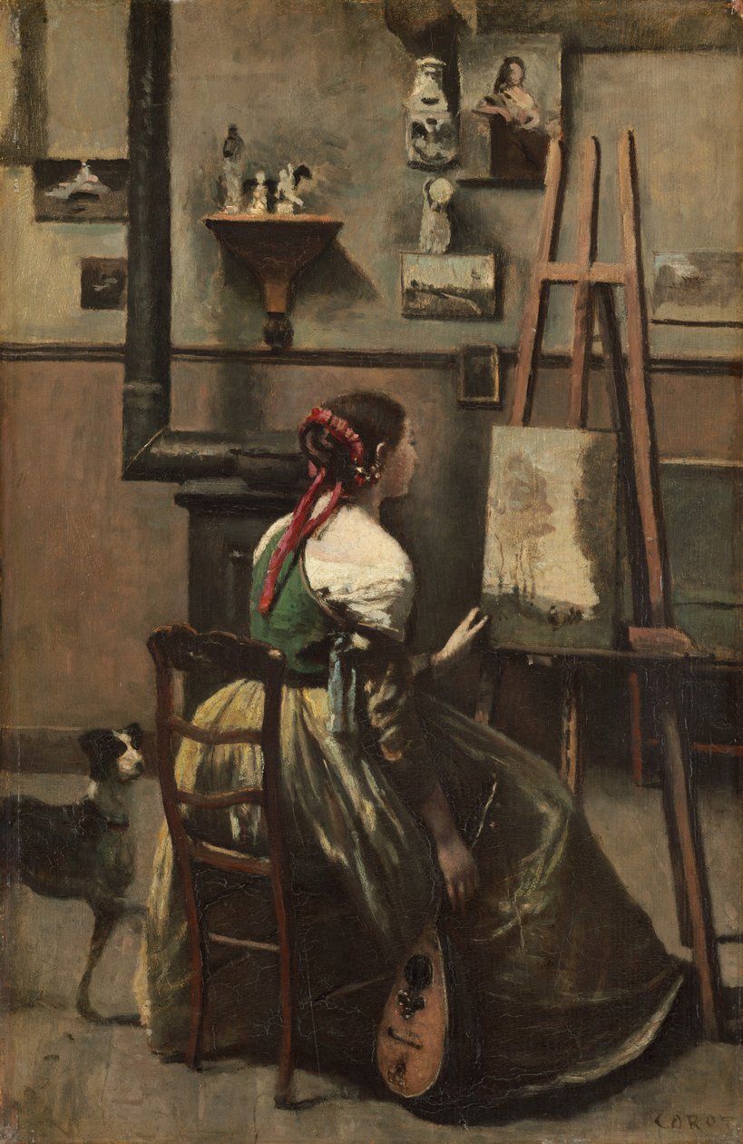 Corotovo studio: Žena sedící před stojanem, mandolína v ruce od Jean-Baptiste-Camille Corot