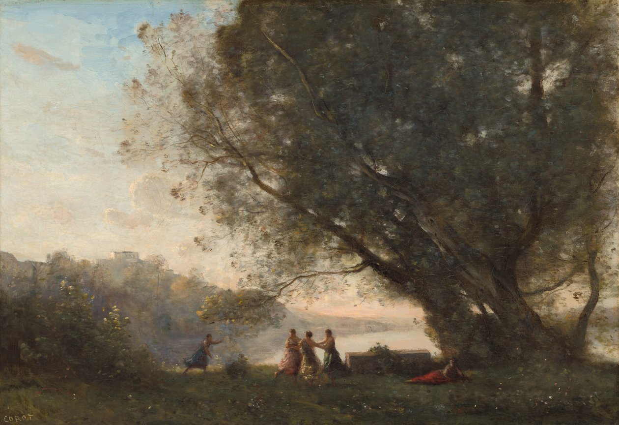 Tanec pod stromy na okraji jezera od Jean-Baptiste-Camille Corot