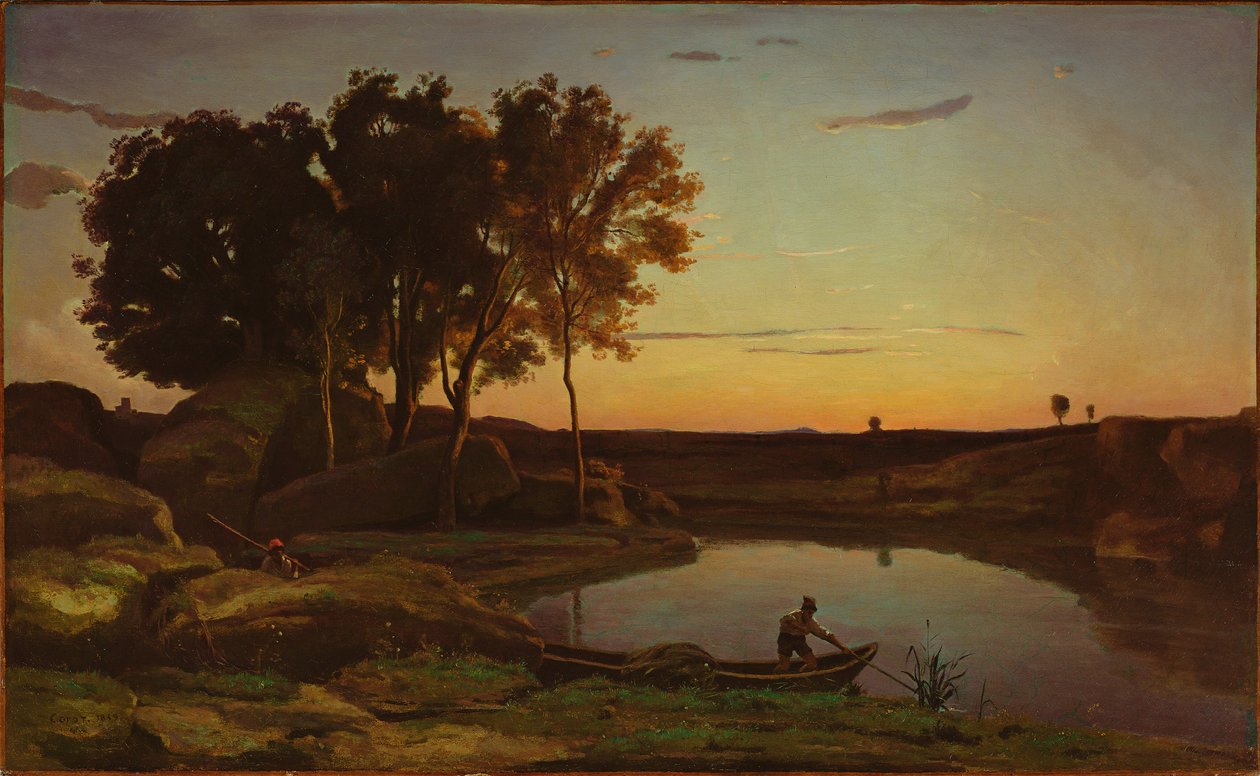 Krajina s jezerem a převozníkem od Jean-Baptiste-Camille Corot