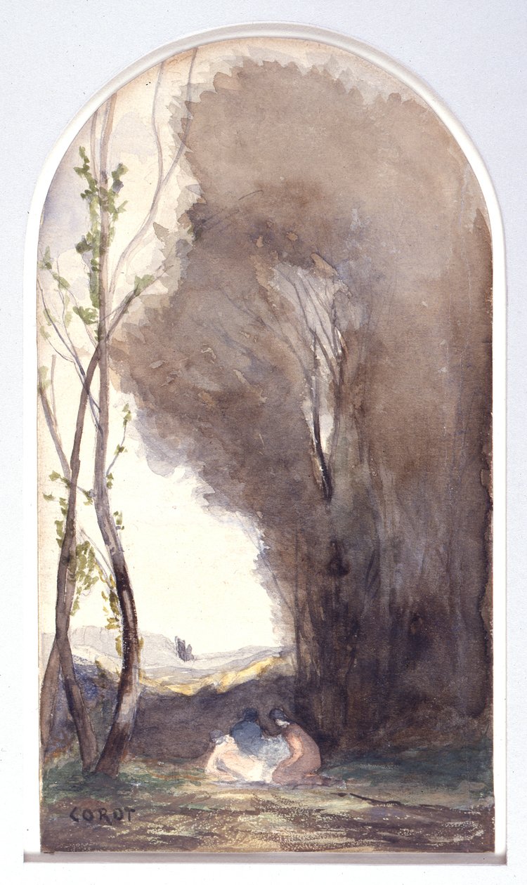 Akvarel s námětem „Svatý Šebestián zachráněný svatými ženami“ od Jean-Baptiste-Camille Corot