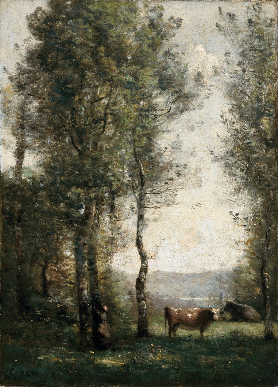 Zalesněná krajina s kravami na mýtině od Jean-Baptiste-Camille Corot